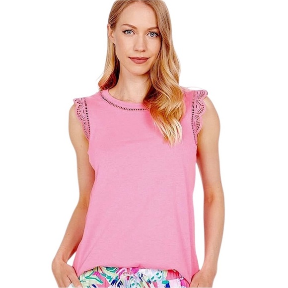 NEW LILLY PULITZER Agee Tank Top Eyelet Ladder Lace Detail Hot Pink Size Large - Picture 1 of 7